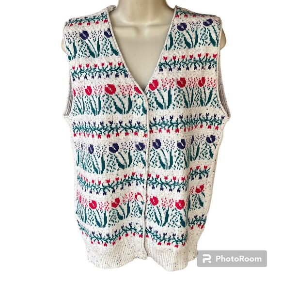 Northern Reflections Knit Sweater Vest Button Up Confetti Striped Floral Tulips - Picture 1 of 8